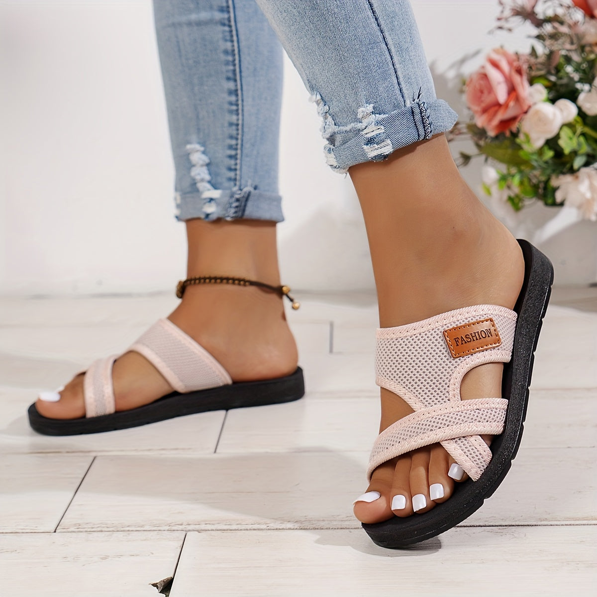 Dames sandalen met holle mesh, casual open teen platte zomerschoenen, lichtgewicht slide sandalen