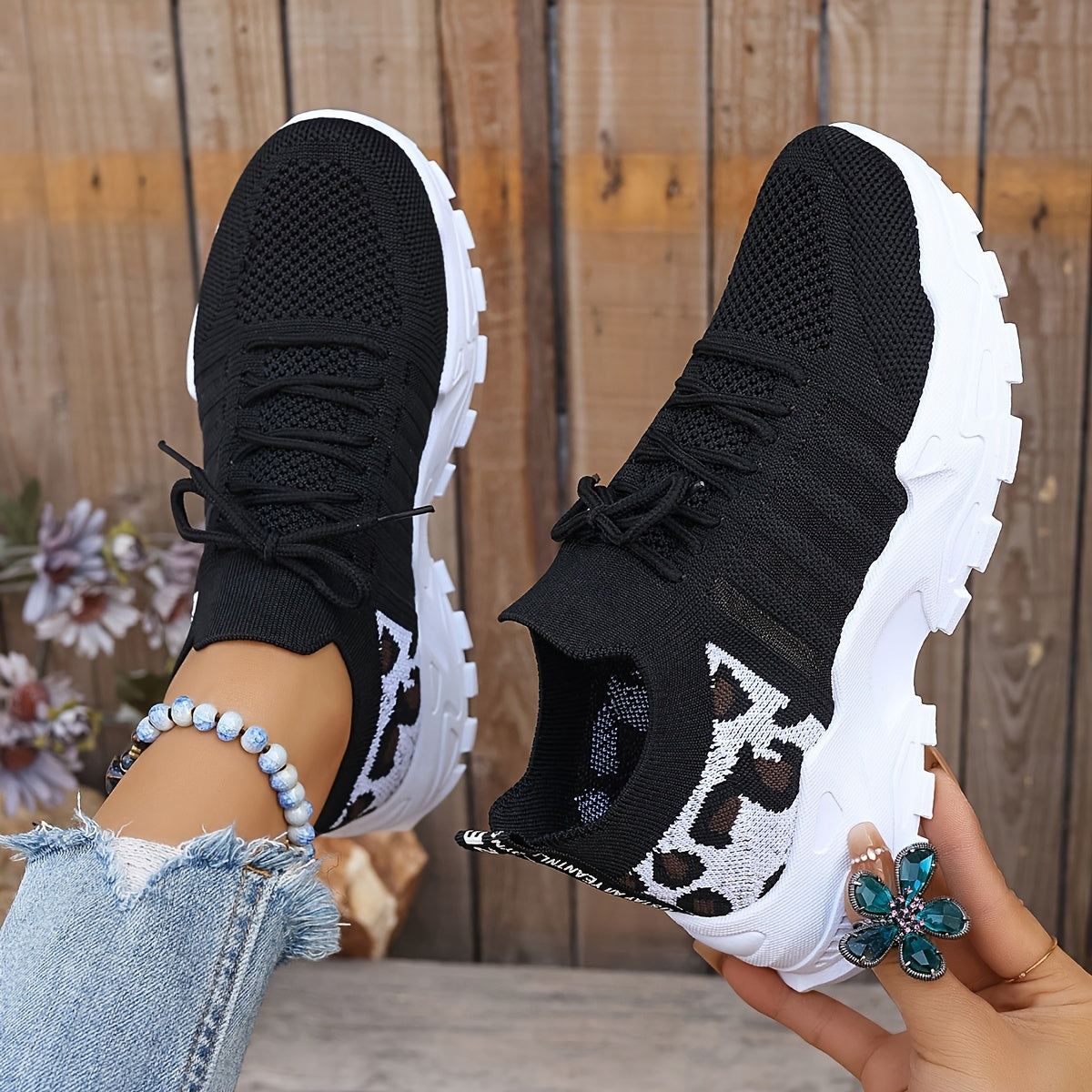 Dames Casual Sportschoenen, Vliegende Geweven Luipaard Print Ademende Veterschoenen, Comfortabele Platform Schoenen