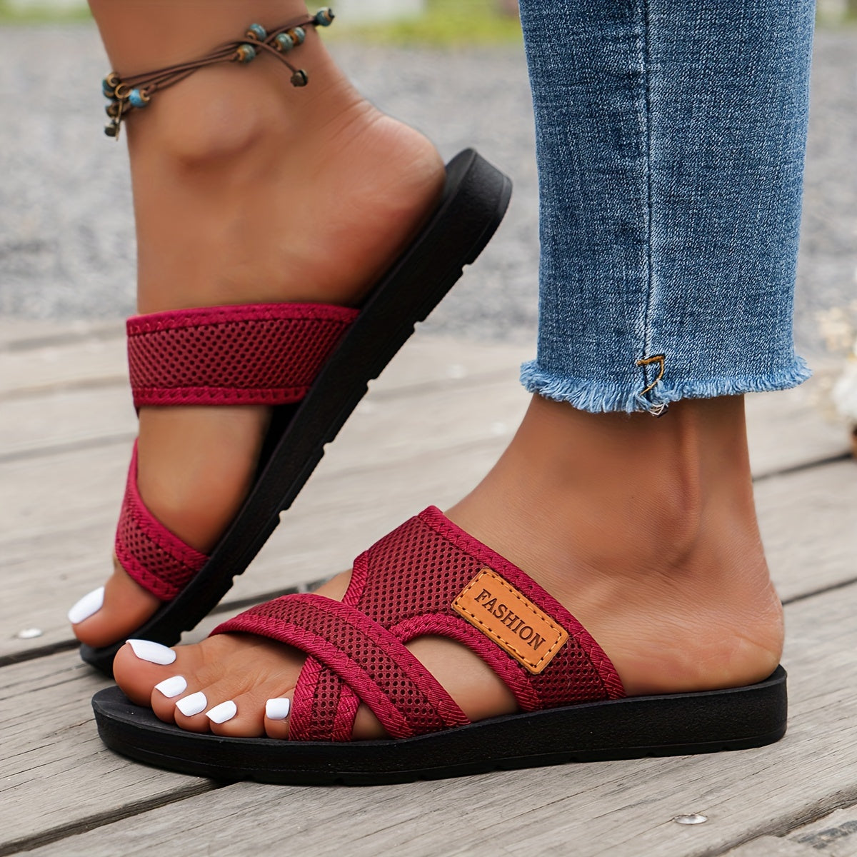 Dames sandalen met holle mesh, casual open teen platte zomerschoenen, lichtgewicht slide sandalen