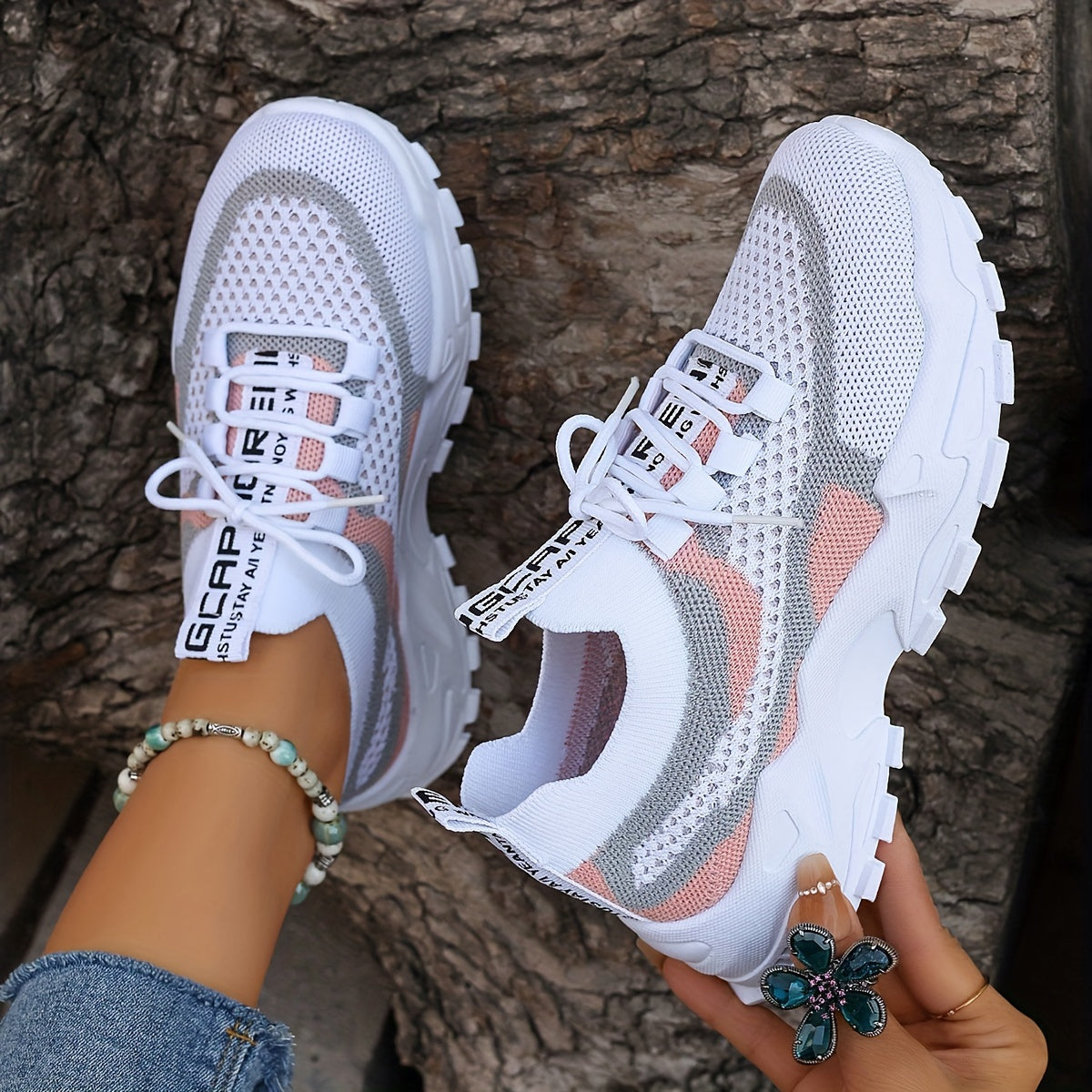 Dames Colorblock Gebreide Sneakers, Modieuze Ademende Lage Top Hardloopschoenen, Comfortabele Buitensportschoenen
