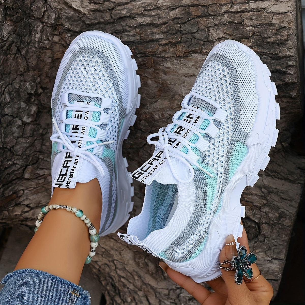 Dames Colorblock Gebreide Sneakers, Modieuze Ademende Lage Top Hardloopschoenen, Comfortabele Buitensportschoenen