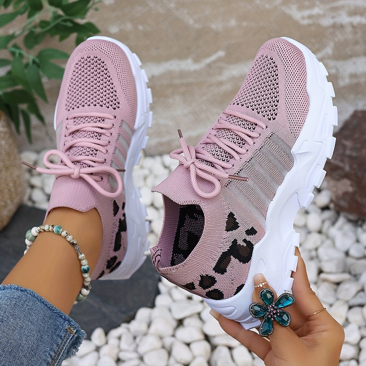 Dames Casual Sportschoenen, Vliegende Geweven Luipaard Print Ademende Veterschoenen, Comfortabele Platform Schoenen