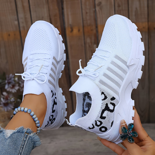 Dames Casual Sportschoenen, Vliegende Geweven Luipaard Print Ademende Veterschoenen, Comfortabele Platform Schoenen