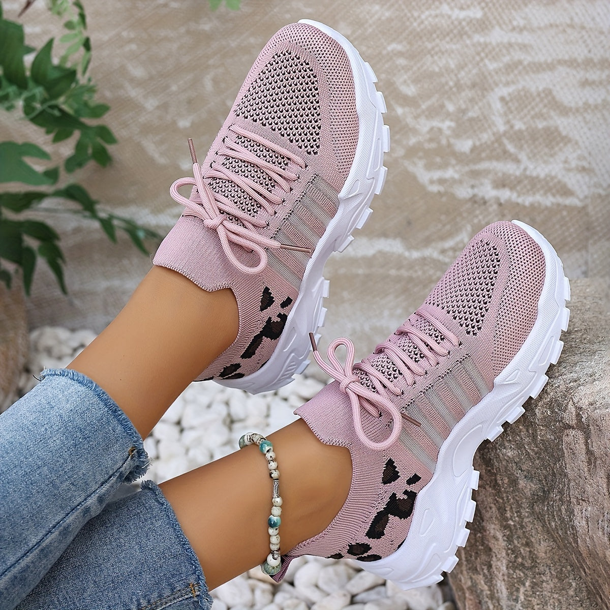Dames Casual Sportschoenen, Vliegende Geweven Luipaard Print Ademende Veterschoenen, Comfortabele Platform Schoenen