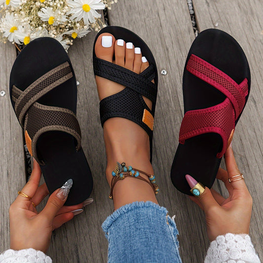 Dames sandalen met holle mesh, casual open teen platte zomerschoenen, lichtgewicht slide sandalen